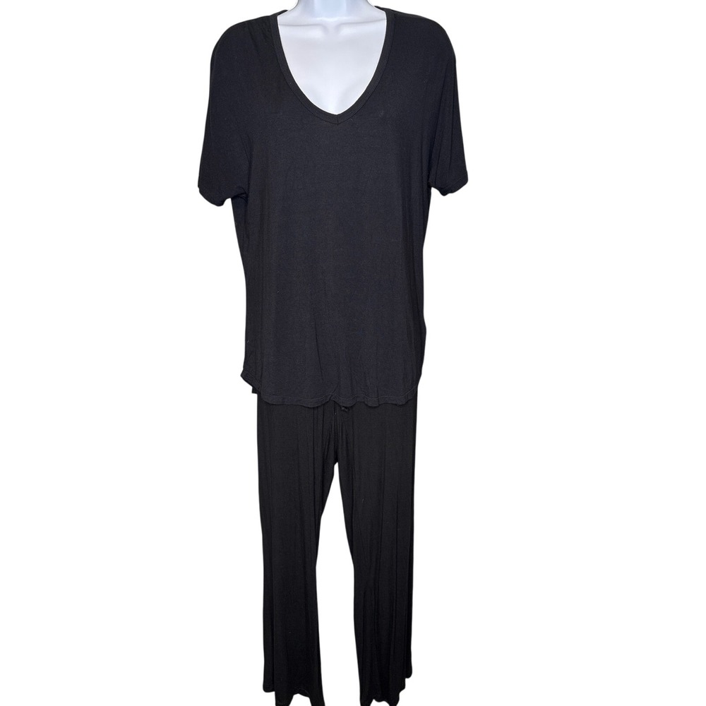 PJ Salvage Black Pajama Set L V-Neck Tee & Wide-Leg Pants Sleepwear Comfy-Chic